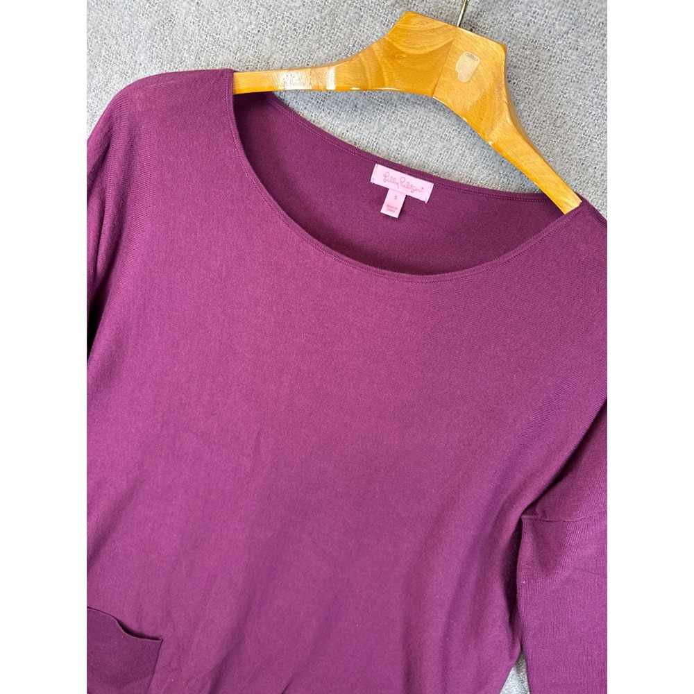 Lilly Pulitzer Purple Knit‎ Oversized Elba Sweater Tunic Pom Poms Size S Coolmax